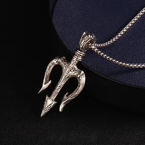 Hip hop trident pendant necklace with vintage silver finish and square box chain