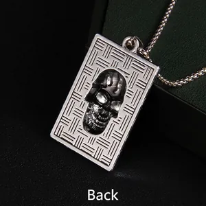 Gothic punk silver skull rectangular pendant with woven texture and box chain back view