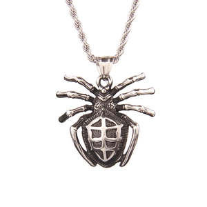 Gothic punk style stainless steel spider pendant necklace with vintage silver rope chain