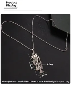 Macro detail of vintage fishbone pendant measuring 6.8cm with durable stainless steel chain