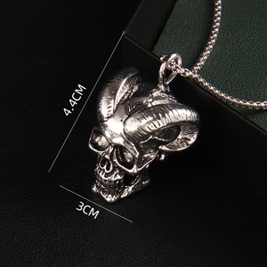 Gothic bull horn skull necklace in stainless steel with vintage punk finish, 4.4cm height