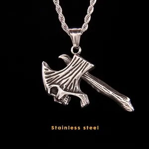 Collier Pendentif Hache Crâne en Acier Inoxydable Gothique pour Hommes Femmes Bijoux Rétro Punk Hip Hop avec Chaîne Torsadée