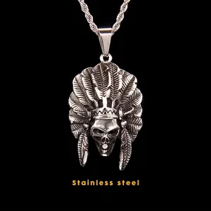 Stainless Steel Indian Chief Skull Pendant Necklace Vintage Punk Gothic Feather Headdress Tribal Jewelry Keel Twist Chain