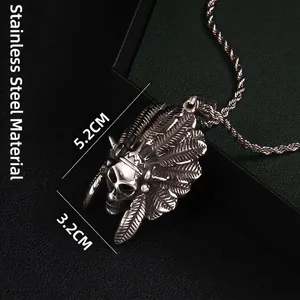 Vintage stainless steel Indian chief skull pendant necklace with feather headdress