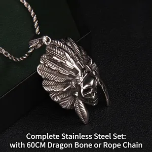 Vintage stainless steel Indian skull pendant necklace with twist chain on black background