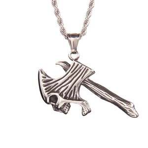 Collier avec pendentif hache rétro en acier inoxydable, détail crâne et chaîne torsadée