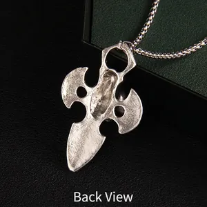 Back view of vintage punk cross pendant necklace with metallic chain on black leather