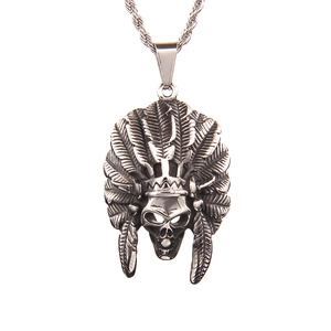 Vintage stainless steel Indian skull pendant necklace with feather headdress and rope chain