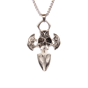 Gothic punk necklace with silver skull and cross wings pendant on square link chain