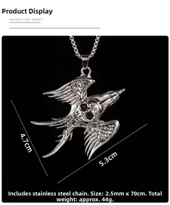 Detail view of gothic swallow skull pendant showing dimensions 5.3cm and 70cm chain