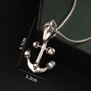 Gothic anchor necklace with five skulls in silver finish, pendant size 5.1cm by 3.2cm