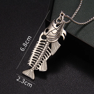 Vintage punk fish bone pendant necklace in silver finish with metal chain 6.8x2.3cm