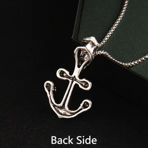 Back view of vintage silver anchor pendant necklace with hip hop skull and bead chain