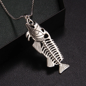 Vintage punk style fish bone pendant necklace in antiqued silver finish for women and men