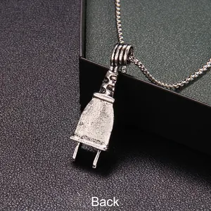 Punk style skeleton plug pendant necklace in vintage silver finish with box chain, back view