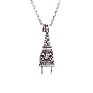 Punk style long necklace featuring a skull plug pendant with vintage oxidised chain