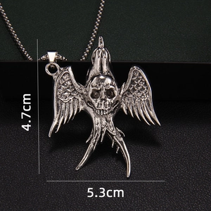 Gothic skull with eagle wings pendant necklace in vintage silver, size 4.7cm by 5.3cm