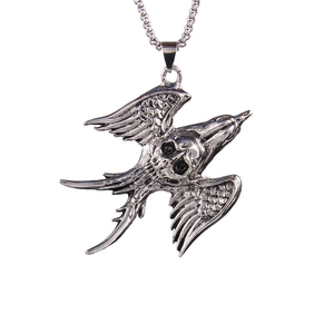Retro punk flying bird skull pendant necklace with antiqued silver finish on long chain