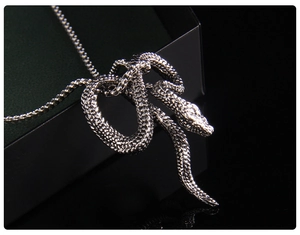 Close-up of snake pendant with detailed scales on vintage silver stainless steel chain