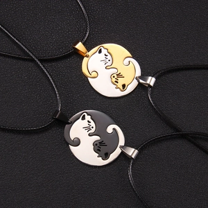 Parure de Colliers pour Couple en Acier Inoxydable Puzzle Chat Pendentif Entrelacé Cœur Ovale Avec Cordon de Cire pour Hommes Femmes Bijoux Cadeau