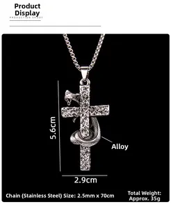 Detailed size view of snake wrapped cross pendant with 5.6cm height and 70cm chain