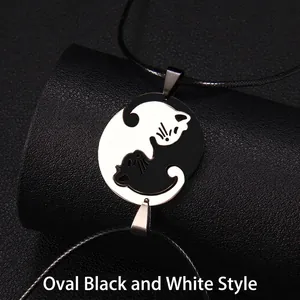 Collier pendentif chat Yin Yang Tai Chi en acier inoxydable avec cordon ciré noir élégant