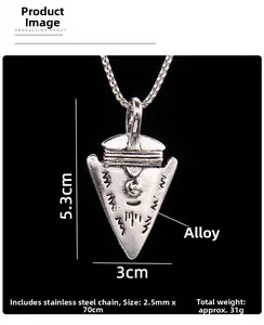 Macro detail of Viking shield pendant and stainless steel chain with dimensions