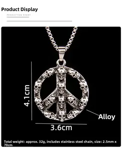Detail view of punk skull peace sign pendant with 70cm stainless steel chain specs
