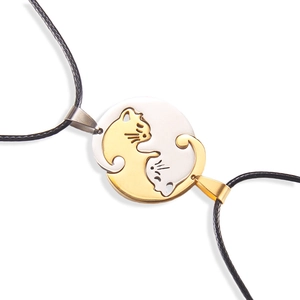 Colliers de couple en acier inoxydable avec pendentif puzzle chat sur cordon noir