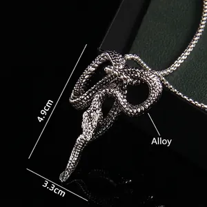 Punk style snake pendant necklace in antique silver alloy with textured scales