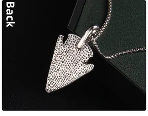 Close-up of the textured back of a silver arrow pendant on a sleek box chain