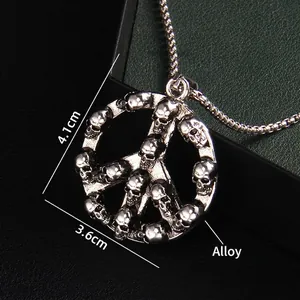 Retro silver peace sign pendant with skulls on a bead chain, gothic punk jewelry