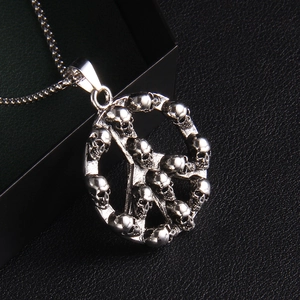Gothic punk peace sign pendant necklace with detailed skulls and polished silver box chain