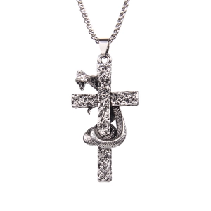 Gothic punk silver cobra snake pendant wrapped around a classic cross necklace chain