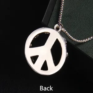Silver peace sign necklace with polished round pendant and box chain, back view display