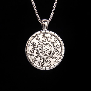 Vintage Sun Compass Twelve Zodiac Pendant Necklace Stainless Steel Box Chain Antique Silver Unisex Hip Hop Medallion Jewelry