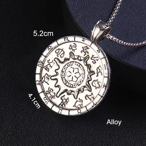 Retro stainless steel sun compass necklace with twelve zodiac signs and flower pendant