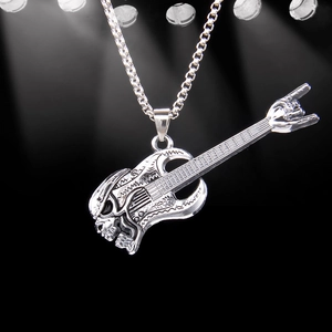 Hip Hop Rock Punk Skull Guitar Pendant Necklace Stainless Steel Box Chain Musical Instrument Jewelry For Men Women Silver