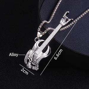 Punk rock skull guitar necklace pendant with hand gesture in polished stainless steel