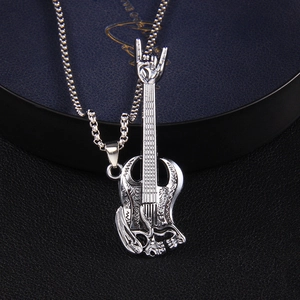 Rock hand skull guitar pendant necklace in punk silver finish with box chain for men