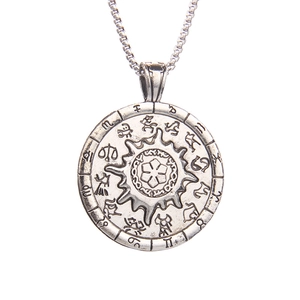 Vintage silver sun compass pendant necklace with engraved zodiac symbols on stainless steel