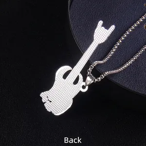 Rock hand guitar skeleton pendant necklace back view in silver stainless steel