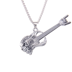 Rock style stainless steel guitar necklace with skull relief and hand gesture pendant