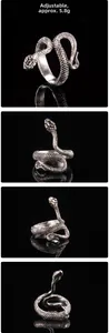 Detailed view of adjustable snake ring with realistic scales in vintage silver finish