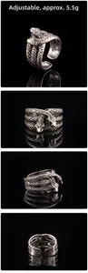 Macro detail of adjustable punk snake ring showing silver scales and 5.5g weight info