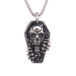 Collier avec pendentif cercueil crâne gothique punk en acier inoxydable argent vieilli