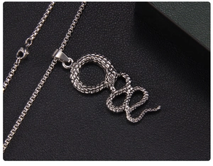 Detailed view of silver snake pendant with textured scales on a square link chain