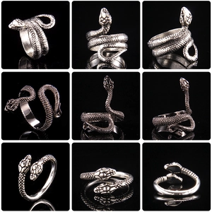 Retro punk snake rings with oxidized silver finish and adjustable wrap-around scales