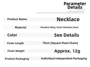 Detailed specs for long cross necklace featuring 70cm chain and alloy pendant
