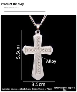 Detail view of silver cross pendant with sparkling zircons and a 70cm stainless steel chain